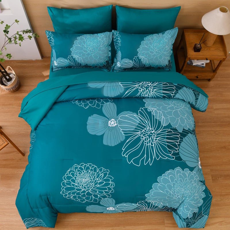 Yiran Queen Comforter Set Teal Bed in a Bag Floral Comforter Sets Soft Microfiber Bedding Sets for All Season 7 Piece 90""?90"" - Image 4